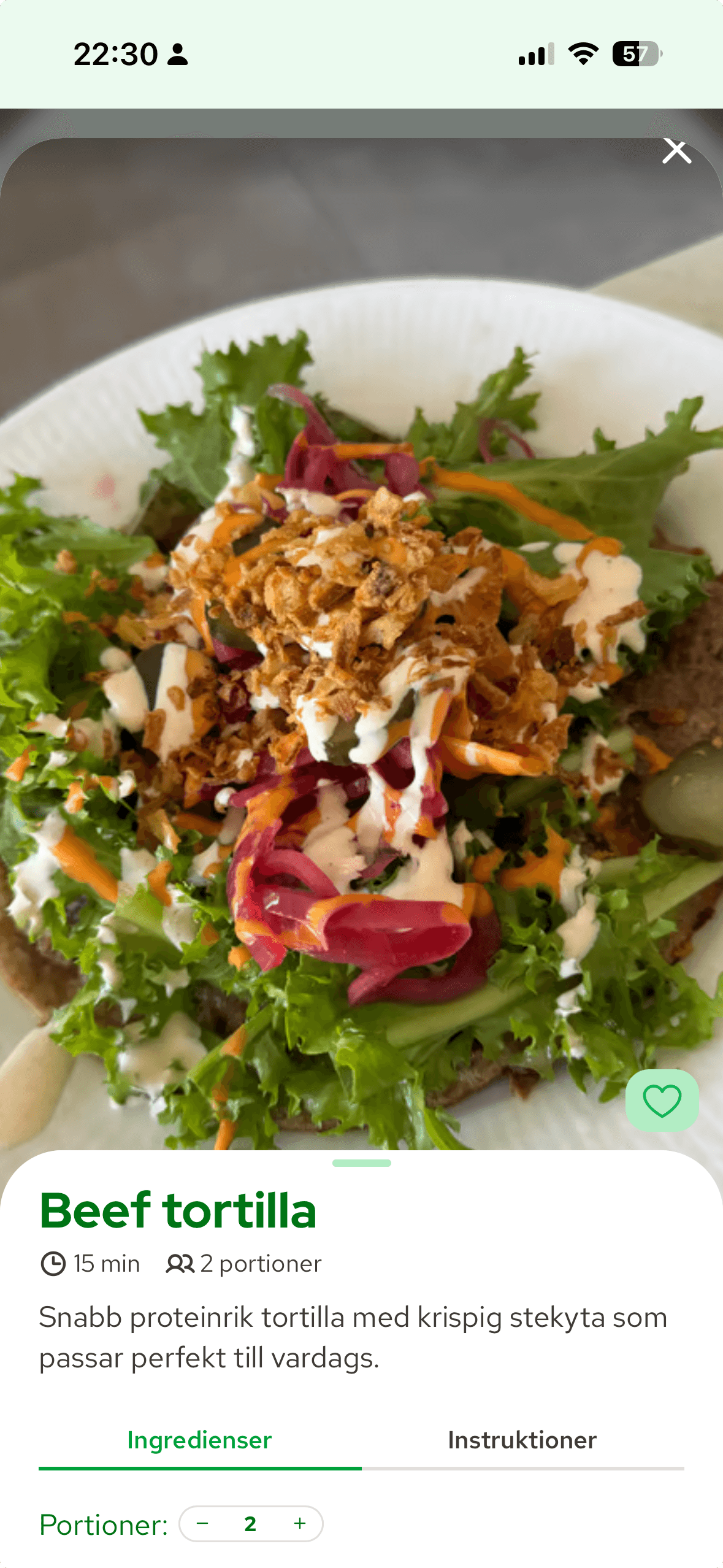 Ett recept i appen, Beef tortilla med ingredienser och instruktioner