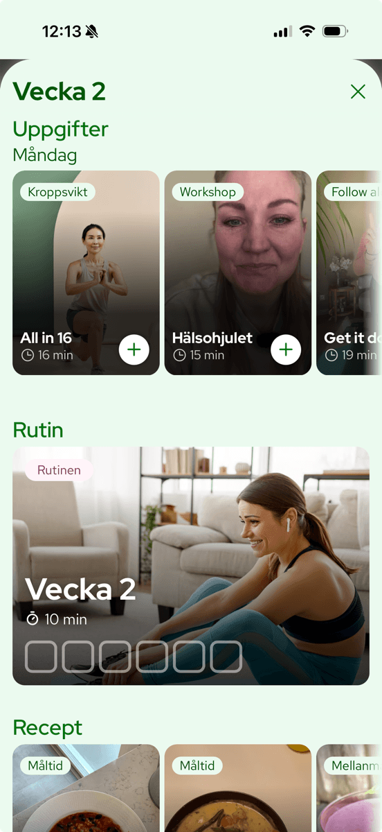 Programvyn i appen med veckans pass, rutin och recept